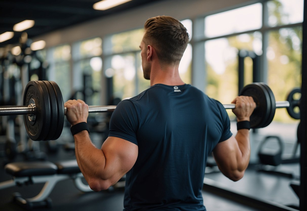 A person lifting dumbbells, with a straight back and engaged core, while standing in front of a mirror
