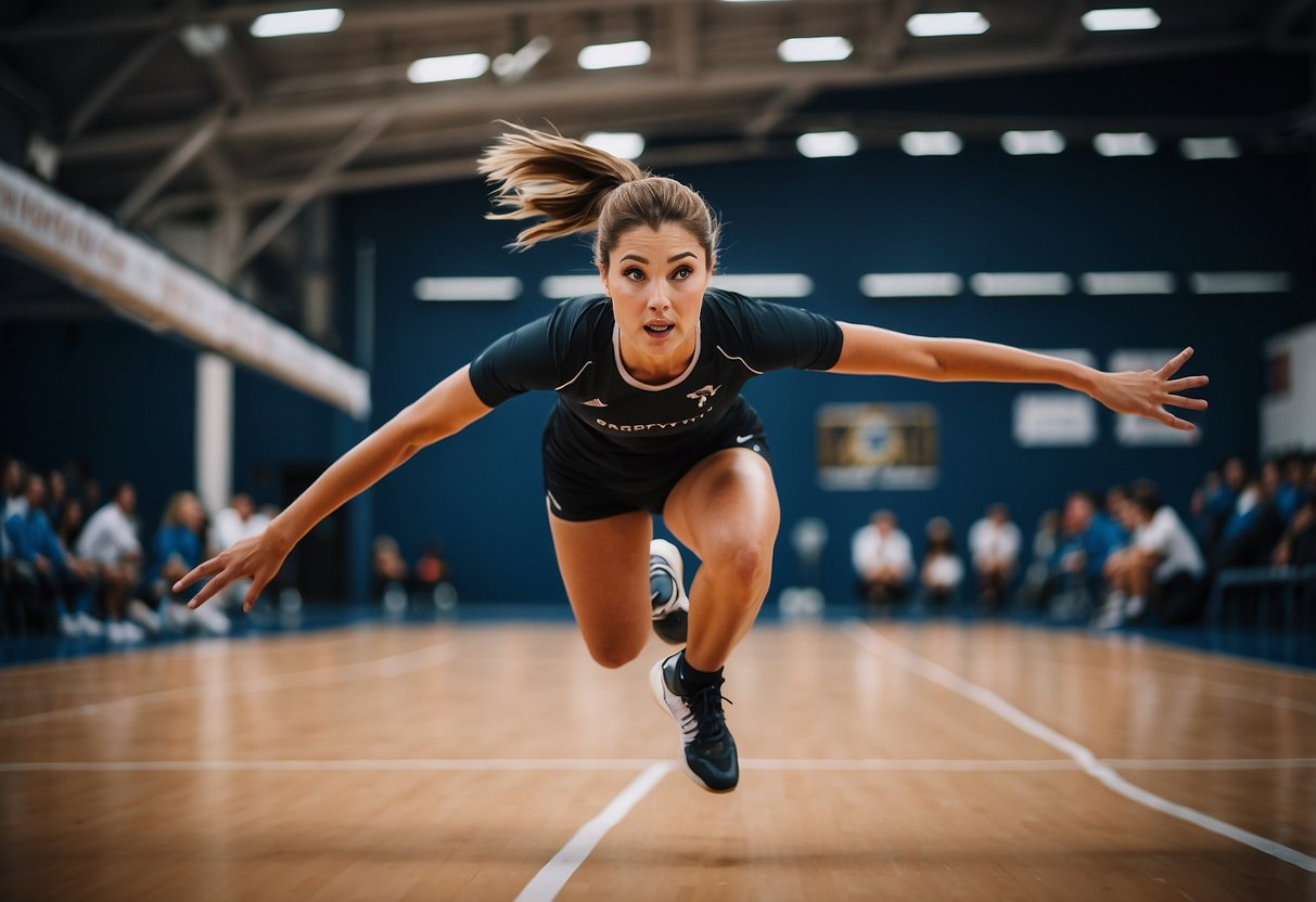 A volleyball player jumps, spikes, and dives during a rigorous workout, focusing on agility, strength, and precision