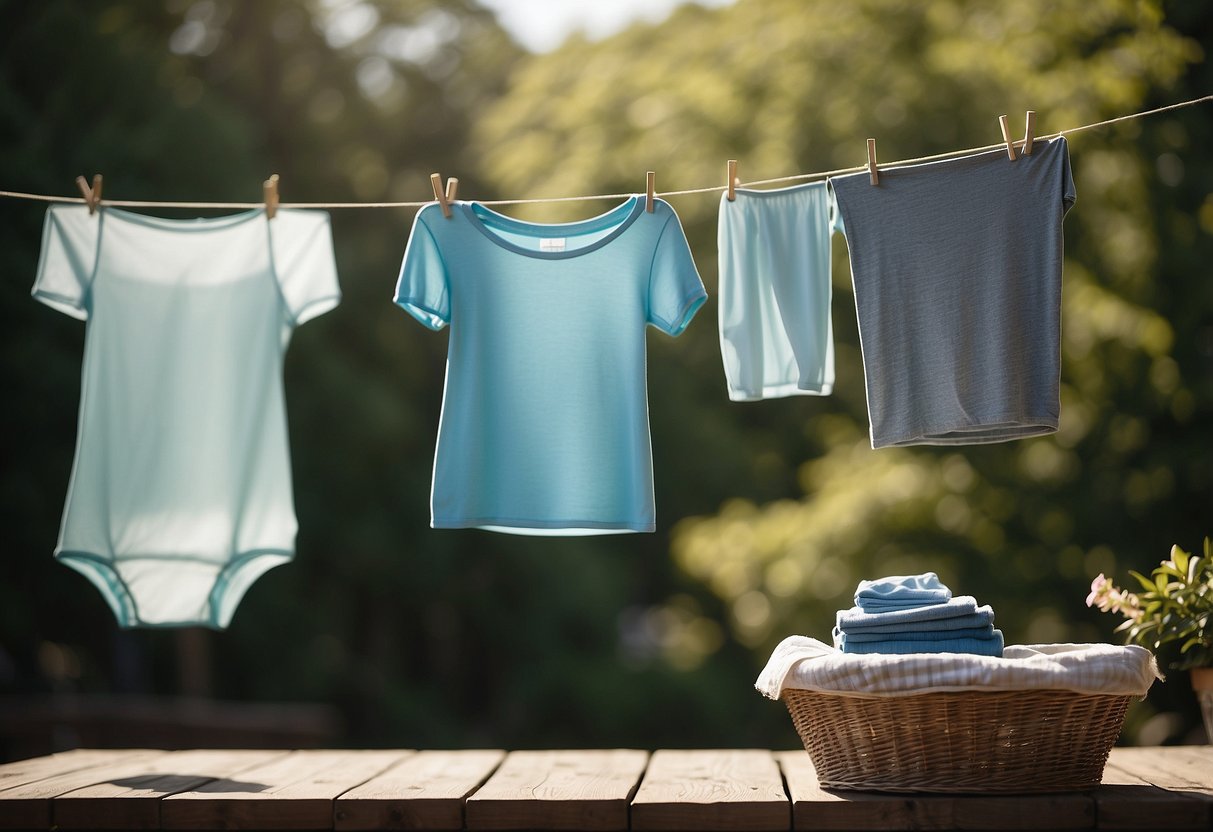 Freshly washed workout clothes hang on a line, basking in the sun. A gentle breeze sways them, while a bottle of detergent and a laundry basket sit nearby