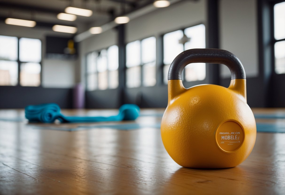 A kettlebell, resistance bands, and a yoga mat lay on the floor of a bright, airy gym. A water bottle and towel are nearby