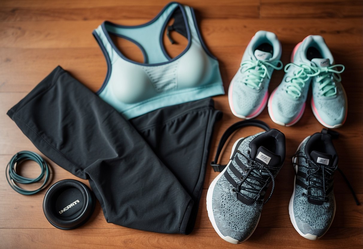 A woman's workout outfit laid out with sports bra, leggings, and sneakers. Optional accessories include a headband, water bottle, and sweat towel