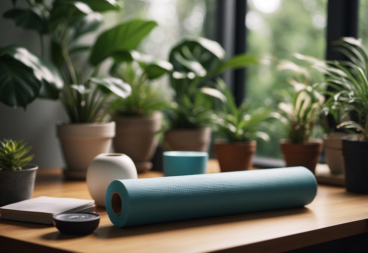 A serene setting with yoga mat, foam roller, and water bottle. A peaceful atmosphere with soft lighting and plants