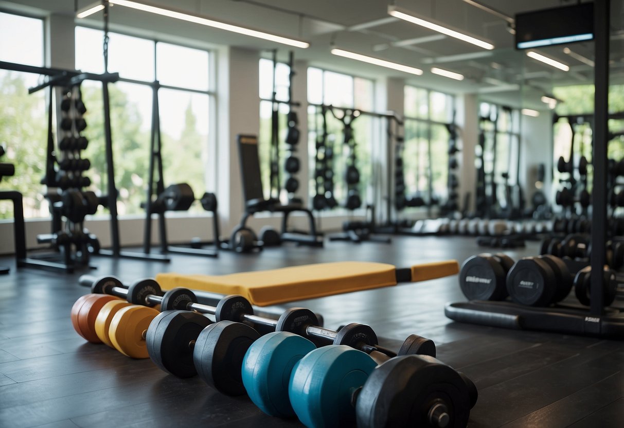 A gym with various equipment arranged neatly. Dumbbells, resistance bands, and a yoga mat are visible. A motivational quote is displayed on the wall
