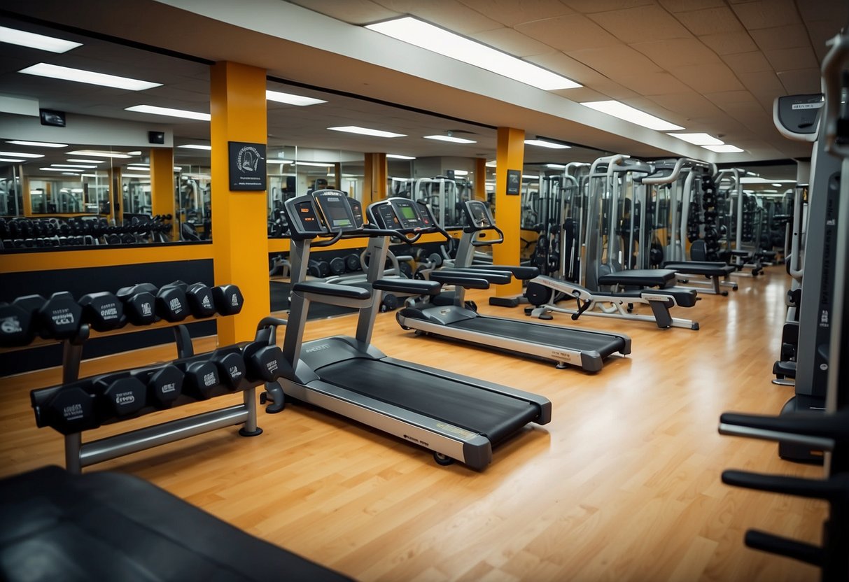 A gym with signs: "No dropping weights," "Wipe down equipment," "Re-rack weights," "Use a spotter," "No cellphones on machines."