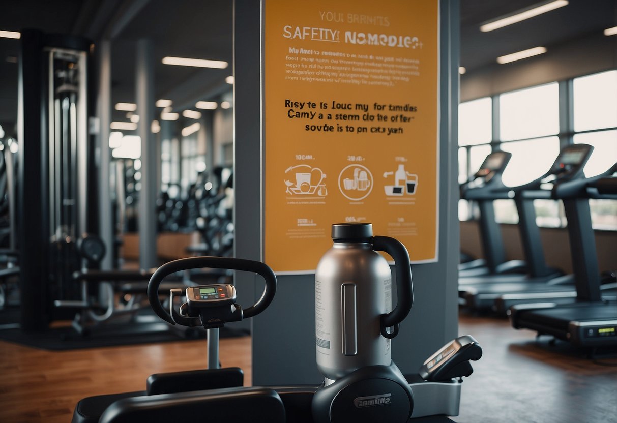 A person wearing workout attire places a water bottle and towel next to a gym machine, while reading safety tips on a poster
