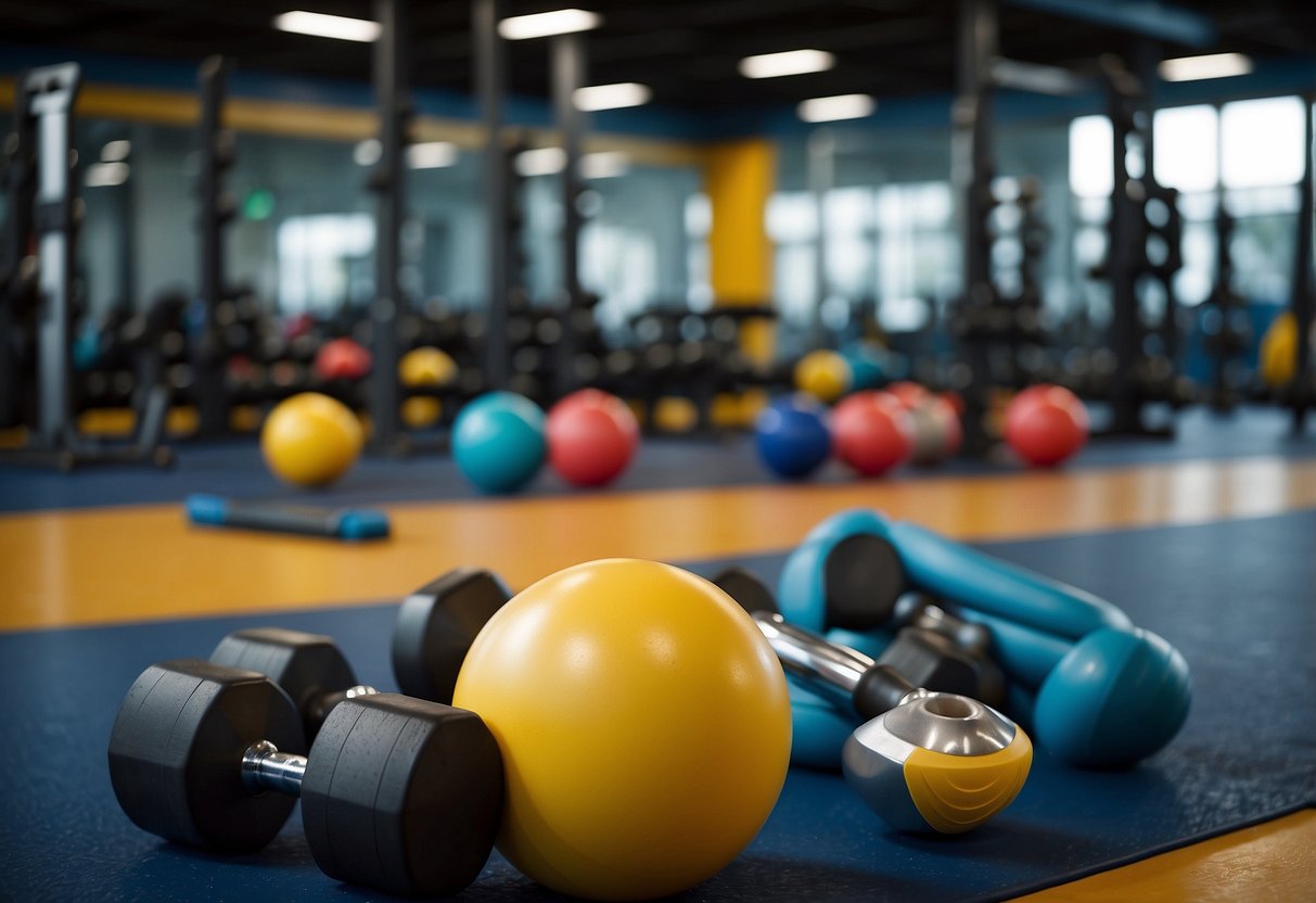 A gym with various equipment, such as dumbbells, resistance bands, and exercise balls. A trainer demonstrates proper form for exercises like squats, lunges, and push-ups