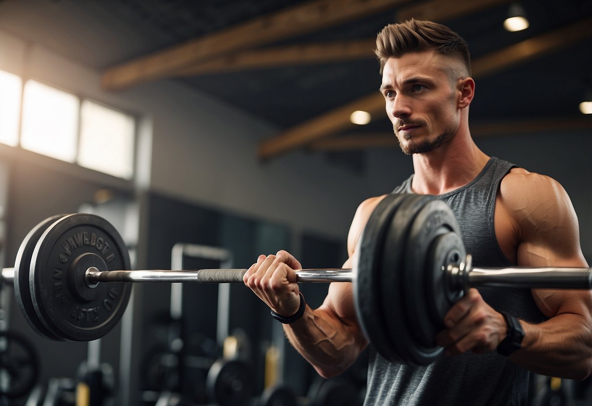 A skinny guy lifting weights with proper form and technique, while a trainer provides guidance and tips for muscle building