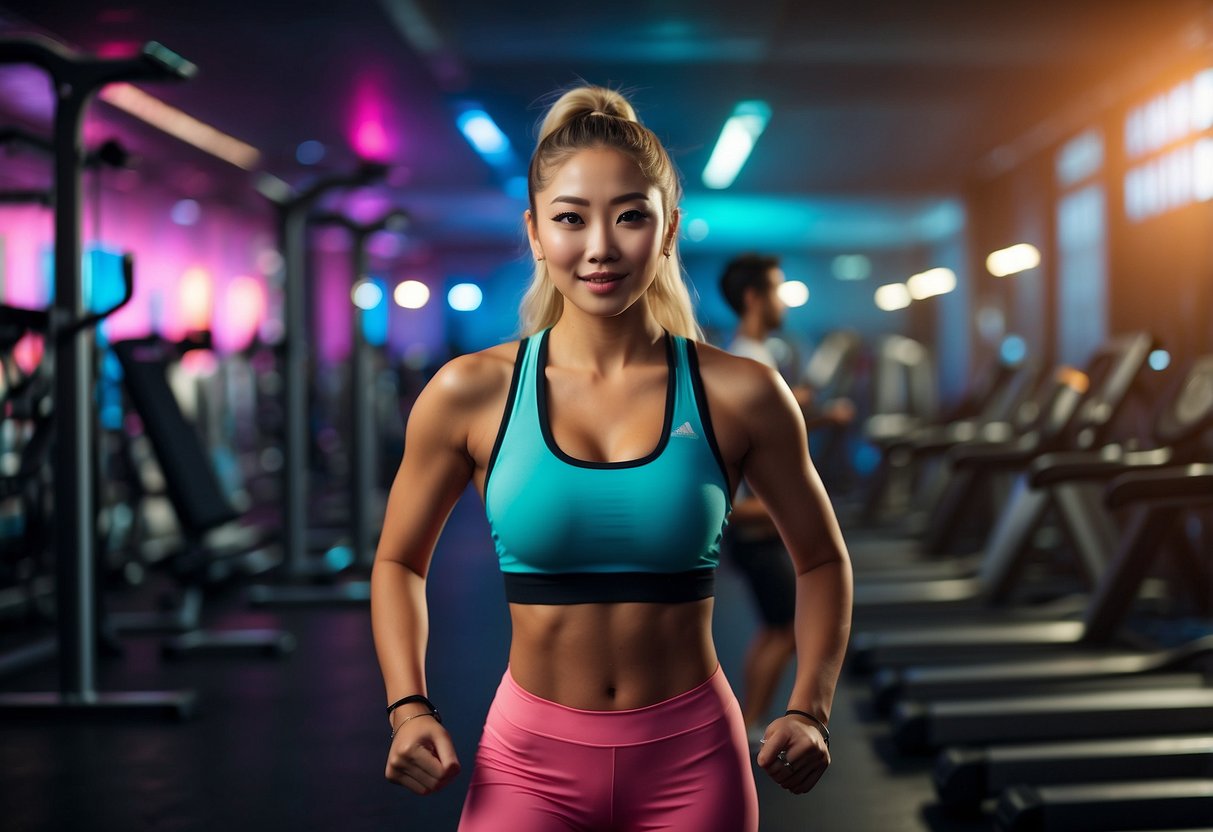 Kpop workout tips: colorful gym equipment, upbeat music, energetic dance moves, and motivational posters on the wall