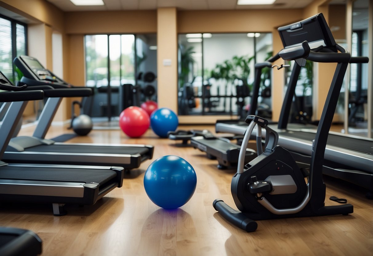 A gym with scattered holiday decorations, a treadmill with a water bottle, and a set of dumbbells on the floor